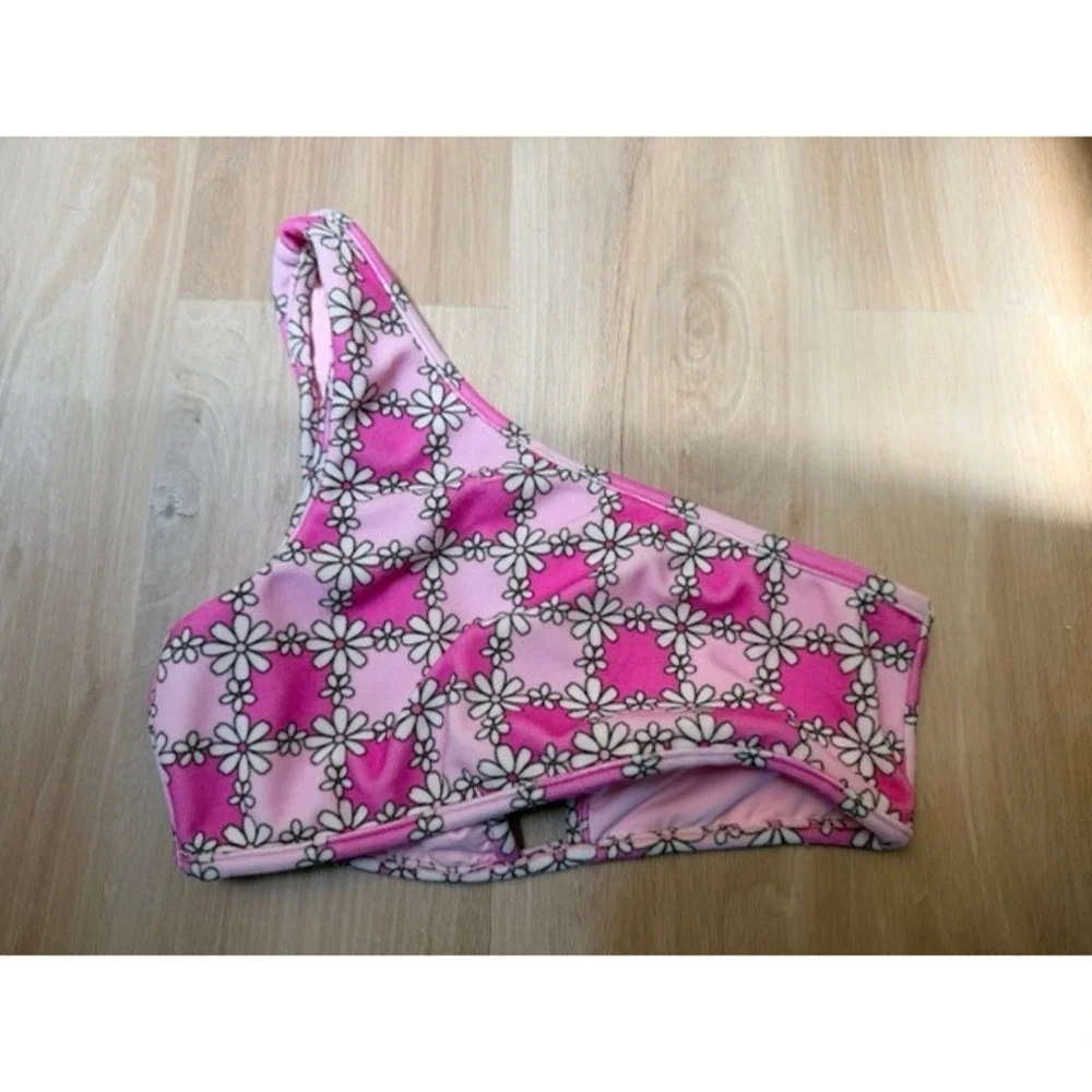 Frankie's Bikinis Pink Daisy One Shoulder Bikini Top Size S